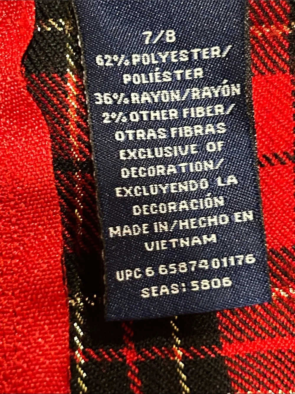 Basic Editions Red Black Plaid Sleeveless Holiday Dress with Velvet Bow